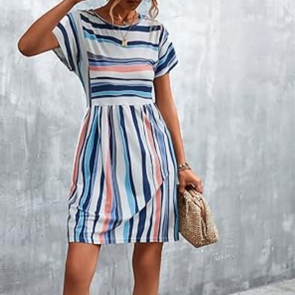 Chic Striped Midi Dress in Blue and Pink